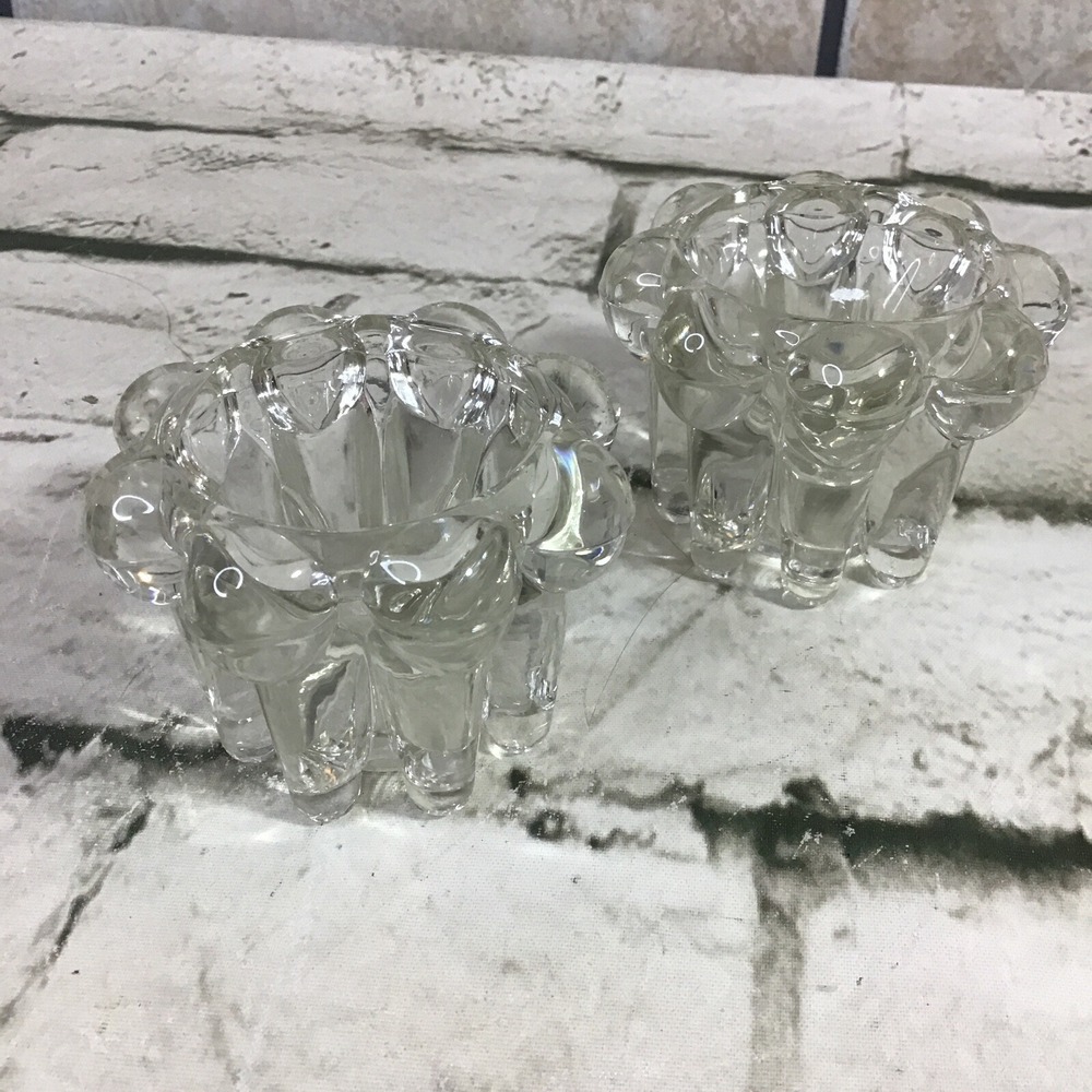 Vintage Clear Crystal Solid Glass Brasil Flower Petal Shaped Candle Holders Set